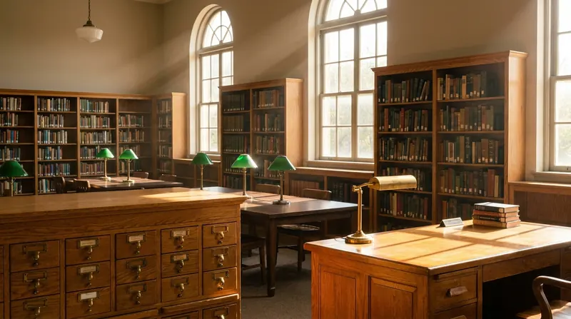 A sunlit neighborhood library reading room with tall oak bookshelves, a wooden reference desk and an old card catalog