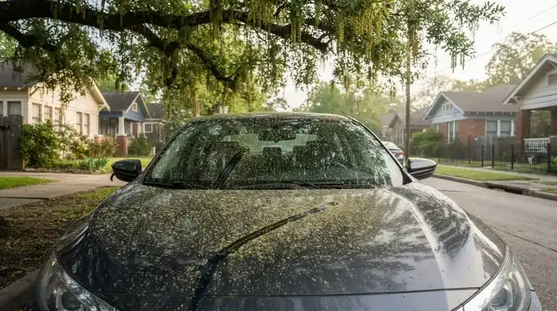 A car windshield and hood dusted with yellow-green oak pollen on a tree-lined Houston street in spring