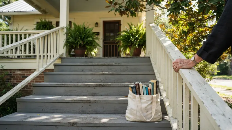 Seven painted wooden porch steps with a white rail and an older woman's hand resting on the rail halfway up