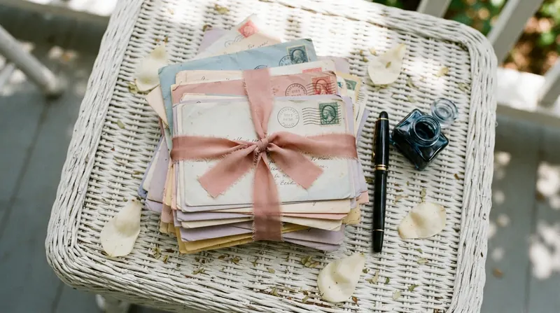 A stack of handwritten letters tied with a dusty rose ribbon next to a fountain pen on a wicker table
