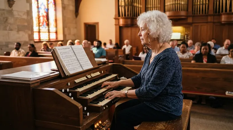 A woman around seventy at a church pipe organ console with hymnals and afternoon light through stained glass