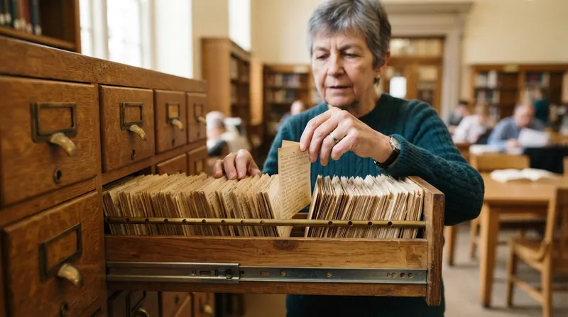 An open oak card catalog drawer full of typed index cards in a library, a brass label holder on the front