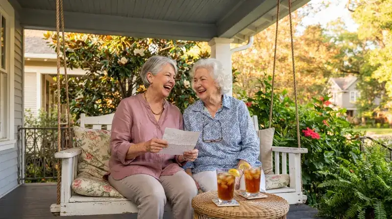 Two sisters in their late sixties laughing together on a porch swing, one holding a handwritten letter
