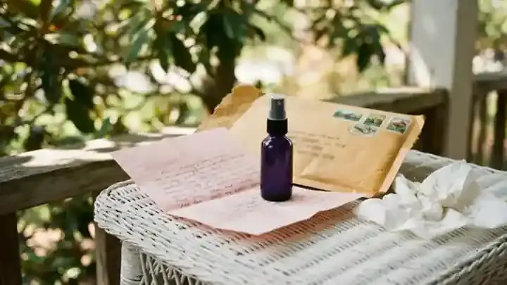 An opened padded envelope on a table with a small dark violet glass spray bottle wrapped in a handwritten letter on pale pink stationery