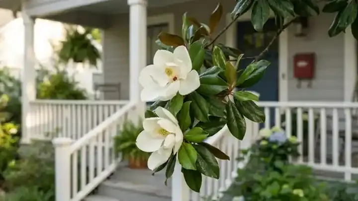 Magnolia blossoms and glossy leaves stirring in a light breeze in front of a bungalow porch in the morning